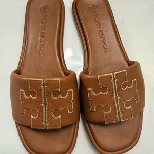 Tory Burch Cognac Leather Slide Sandals with Logo Cutout
